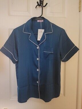 Silk-Like Teal Short Sleeve Pajama Set with White Piping